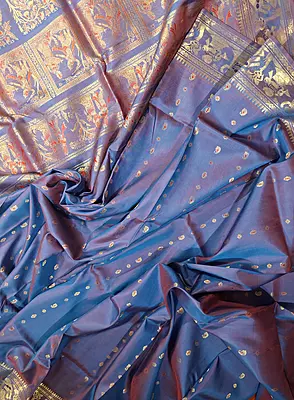 Figurine motif 2000 buta Swarnachari dual tone of orange and blue with golden zari