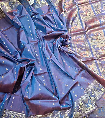 Figurine motif 2000 buta Swarnachari dual tone of orange and blue with golden zari