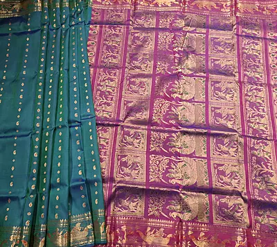 Figurine motif 2000 buta patli pallu Swarnachari dual tone of blue green, and blue rani pink