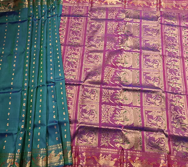 Figurine motif 2000 buta patli pallu Swarnachari dual tone of blue green, and blue rani pink