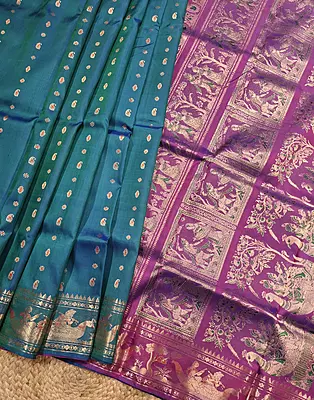 Figurine motif 2000 buta patli pallu Swarnachari dual tone of blue green, and blue rani pink