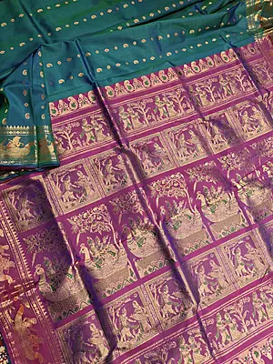 Figurine motif 2000 buta patli pallu Swarnachari dual tone of blue green, and blue rani pink