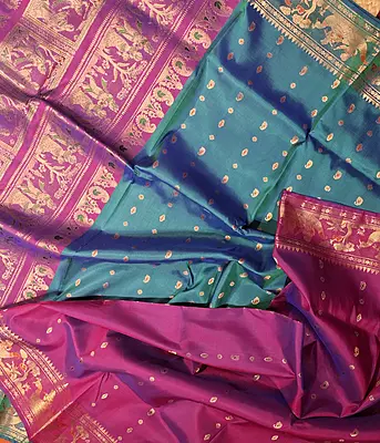 Figurine motif 2000 buta patli pallu Swarnachari dual tone of blue green, and blue rani pink