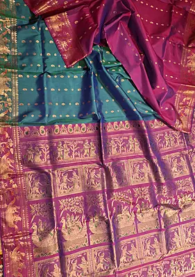 Figurine motif 2000 buta patli pallu Swarnachari dual tone of blue green, and blue rani pink