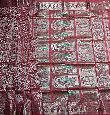 All over work Red Orange dual tone Swarnachari with golden colour zari