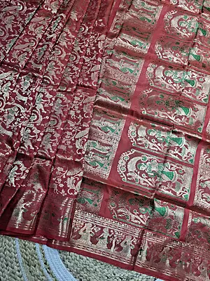 All over work Red Orange dual tone Swarnachari with golden colour zari