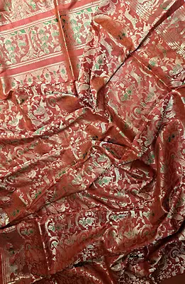 All over work Red Orange dual tone Swarnachari with golden colour zari