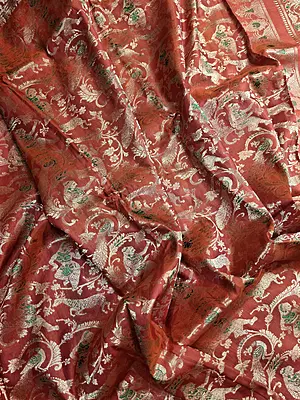 All over work Red Orange dual tone Swarnachari with golden colour zari