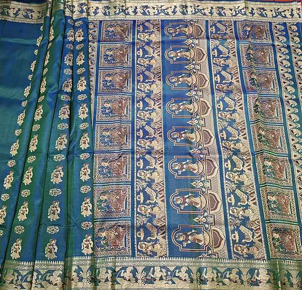 Figure motif Baluchari Color Blue green dual tone
