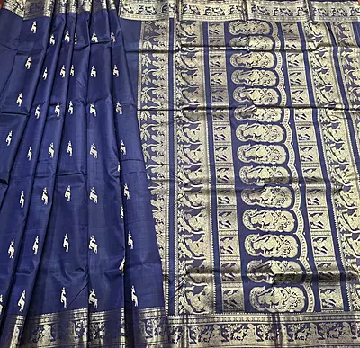 Heeran Navy blue pure katan silk Swarnachari