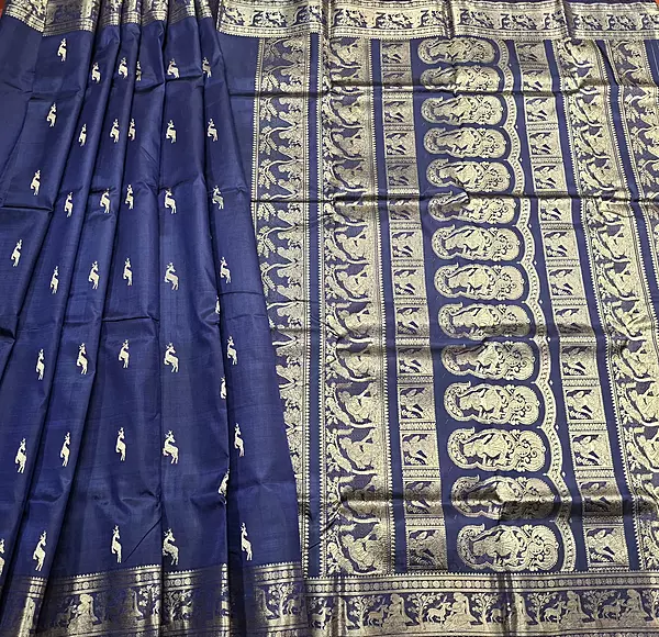 Heeran Navy blue pure katan silk Swarnachari