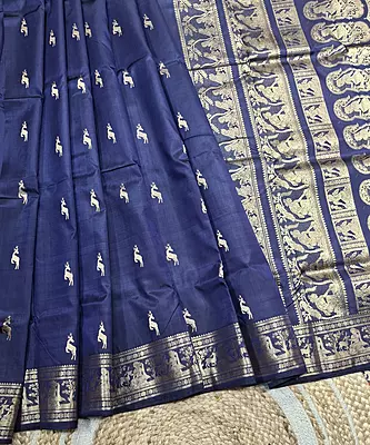 Heeran Navy blue pure katan silk Swarnachari