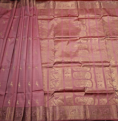 Heeran dual tone of light orange and baby pink  pure katan silk Swarnachari