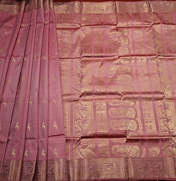 Heeran dual tone of light orange and baby pink  pure katan silk Swarnachari