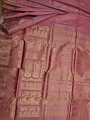 Heeran dual tone of light orange and baby pink  pure katan silk Swarnachari