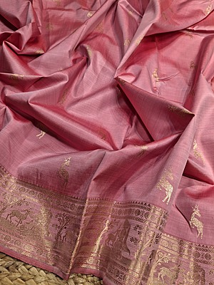 Heeran dual tone of light orange and baby pink  pure katan silk Swarnachari