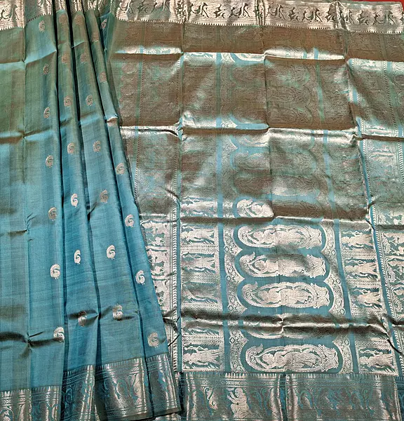 Light blue dual tone peacock motif Swarnachari saree