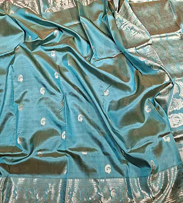 Light blue dual tone peacock motif Swarnachari saree