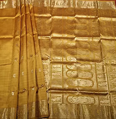 Golden mustard color resham peacock motif Swarnachari saree