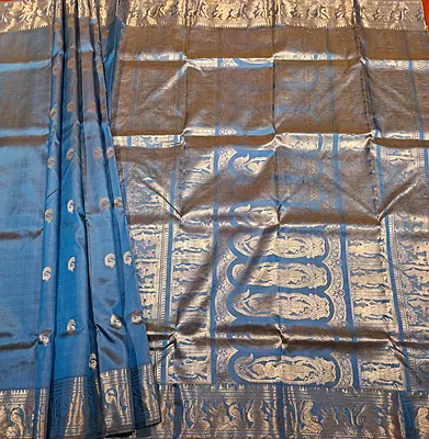 Mustard blue dual color resham peacock motif swarnachari