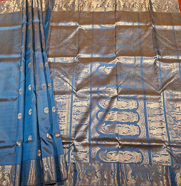 Mustard blue dual color resham peacock motif swarnachari Mustard blue dual color resham peacock motif swarnachari