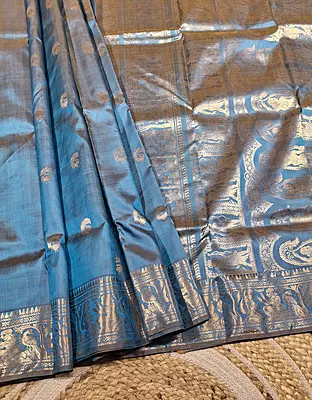 Mustard blue dual color resham peacock motif swarnachari Mustard blue dual color resham peacock motif swarnachari