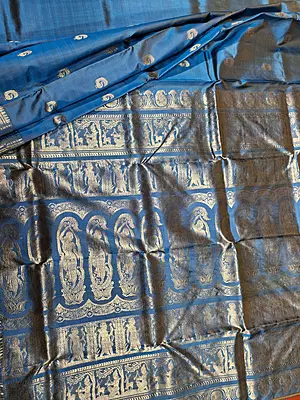 Mustard blue dual color resham peacock motif swarnachari Mustard blue dual color resham peacock motif swarnachari