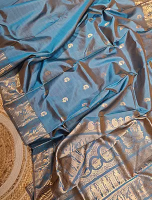 Mustard blue dual color resham peacock motif swarnachari Mustard blue dual color resham peacock motif swarnachari