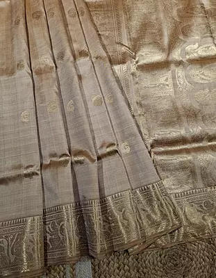 Mustard-Chandan dual color resham peacock motif swarnachari