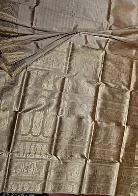 Mustard-Chandan dual color resham peacock motif swarnachari