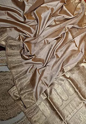 Mustard-Chandan dual color resham peacock motif swarnachari