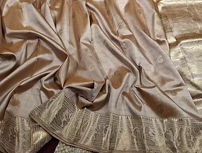 Mustard-Chandan dual color resham peacock motif swarnachari