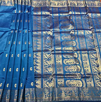 Royal blue color resham peacock motif swarnachari Royal blue color resham peacock motif swarnachari