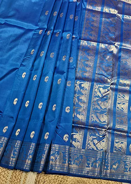 Royal blue color resham peacock motif swarnachari Royal blue color resham peacock motif swarnachari