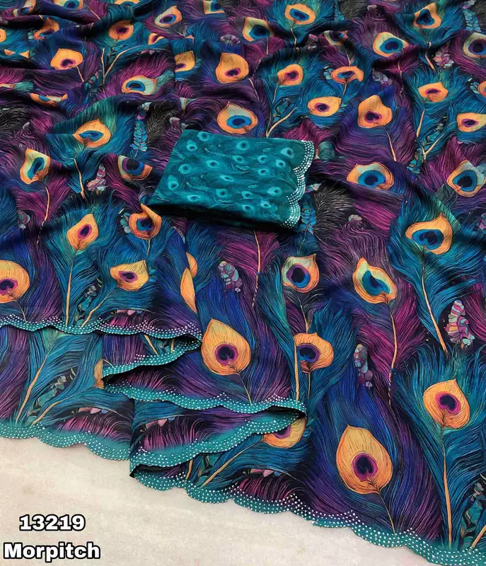 Maina Weightless Chiffon Peacock Feathers Digital Print Saree