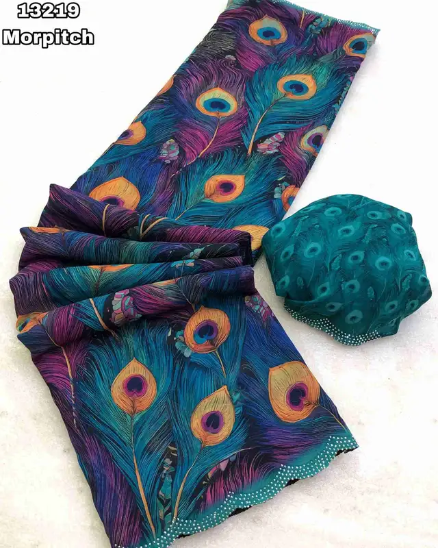 Maina Weightless Chiffon Peacock Feathers Digital Print Saree