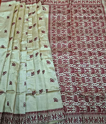 Maroon Assam Jhapi Motif Pure Tussar Silk Saree