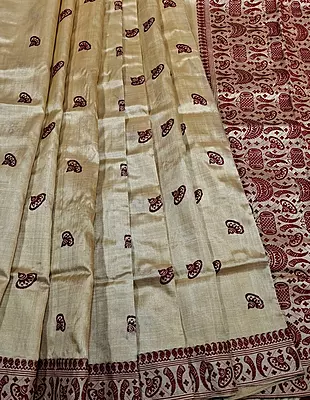 Maroon Assam Jhapi Motif Pure Tussar Silk Saree