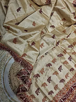 Tassar by Tassar with Maroon and mustard Assam Rhino motif Tassar by Tassar with Maroon and mustard Assam Rhino motif