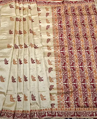 Tassar by Tassar with Maroon and mustard Assam Rhino motif