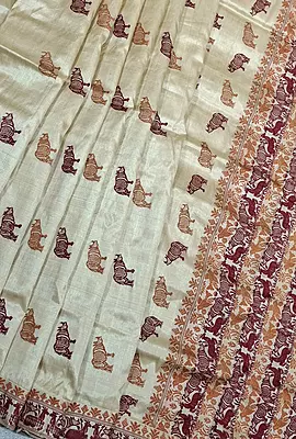 Tassar by Tassar with Maroon and mustard Assam Rhino motif Tassar by Tassar with Maroon and mustard Assam Rhino motif