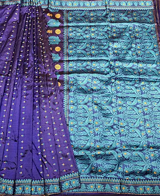 Authentic Assam Paat Silk Saree with Royal Blue and Aubergine Purple Combination