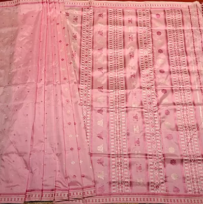 Assam Paat Silk Saree in Blush Rose Pink with Ivory & Deep Rose Woven Motifs
