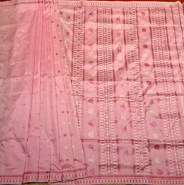 Assam Paat Silk Saree in Blush Rose Pink with Ivory & Deep Rose Woven Motifs