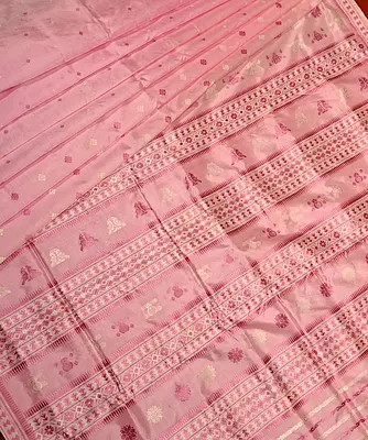 Assam Paat Silk Saree in Blush Rose Pink with Ivory & Deep Rose Woven Motifs