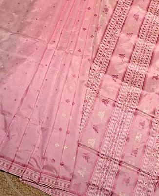 Assam Paat Silk Saree in Blush Rose Pink with Ivory & Deep Rose Woven Motifs