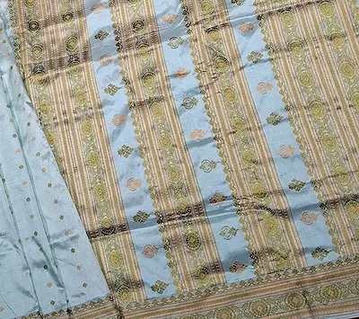 Assam Paat Silk Saree in Powdered Mint with Olive Green & Mustard Buta