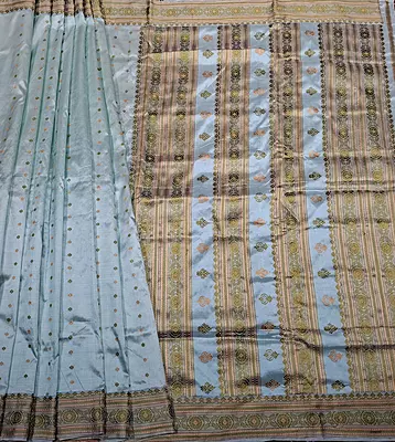 Assam Paat Silk Saree in Powdered Mint with Olive Green & Mustard Buta