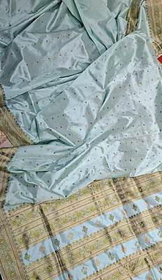 Assam Paat Silk Saree in Powdered Mint with Olive Green & Mustard Buta