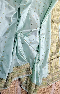 Assam Paat Silk Saree in Powdered Mint with Olive Green & Mustard Buta